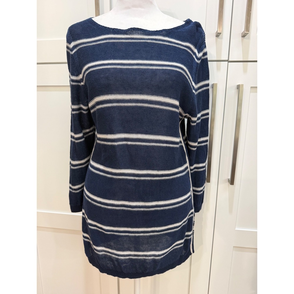 Talbots Petites Navy Blue White Striped 100% Linen Sweater Tunic Top Size LP